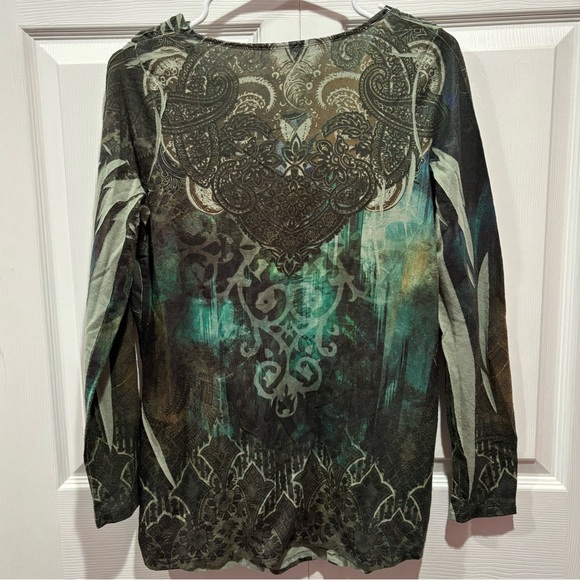 ONE WORLD Women’s Paisley Pattern Long Sleeve Top Shirt - green/blue, size S - Picture 4 of 5